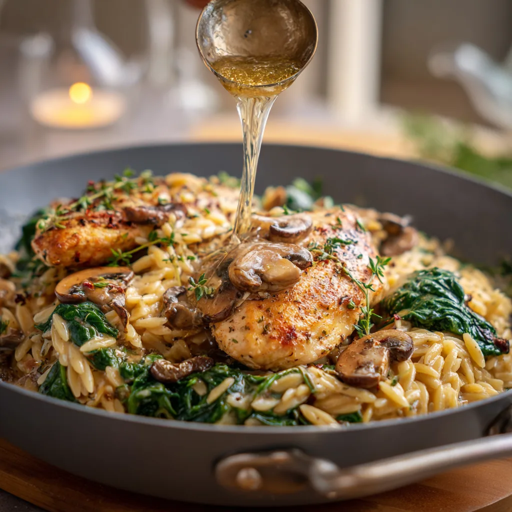 One-Pan Creamy Spinach Mushroom Orzo with Chicken