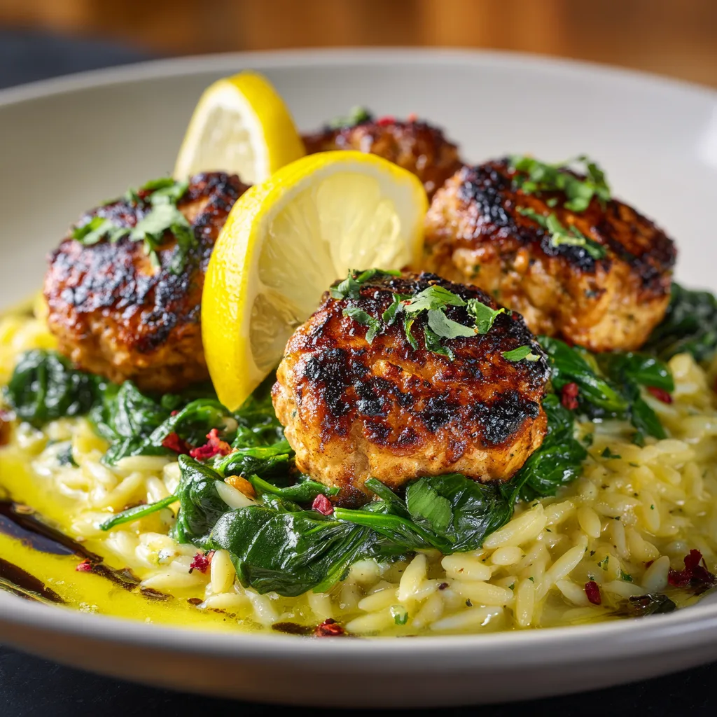 Lemony Chicken Ricotta Meatballs Over Garlic Spinach Orzo