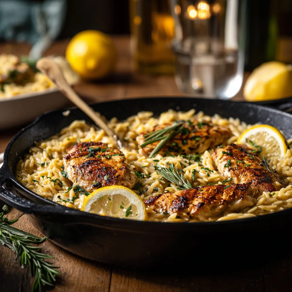 Creamy Lemon Garlic Orzo Chicken Skillet
