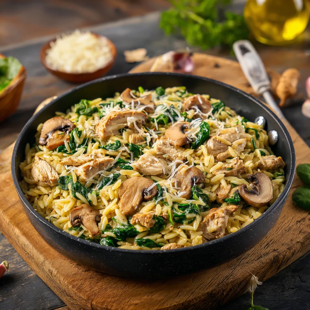 One-Pan Creamy Spinach Mushroom Orzo with Chicken