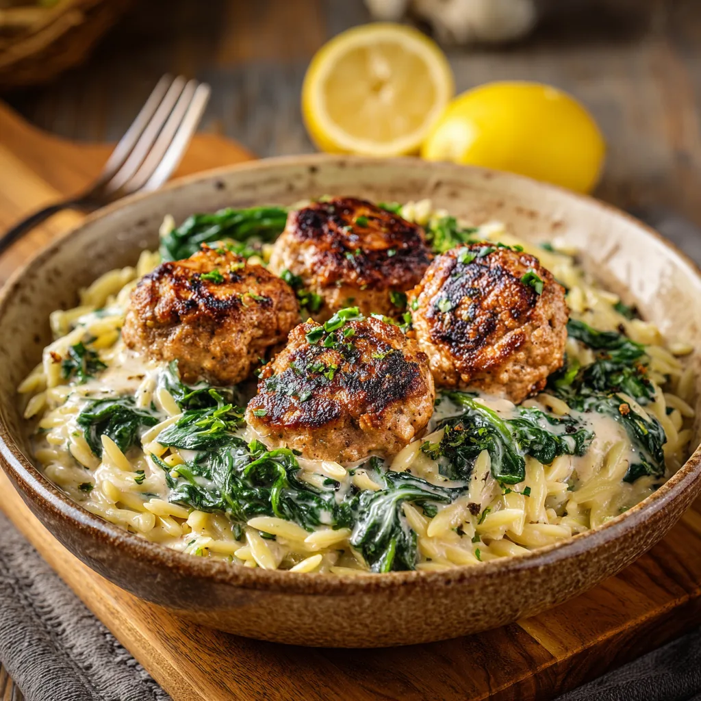 Lemony Chicken Ricotta Meatballs Over Garlic Spinach Orzo