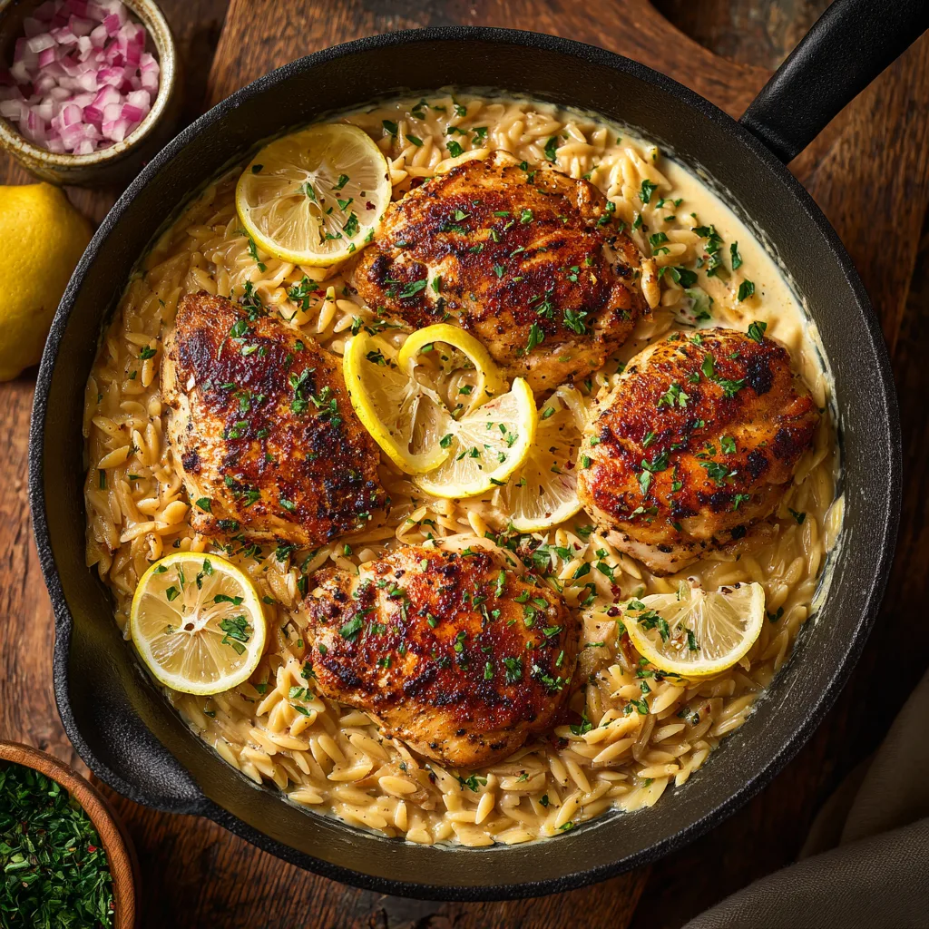 Creamy Lemon Garlic Orzo Chicken Skillet