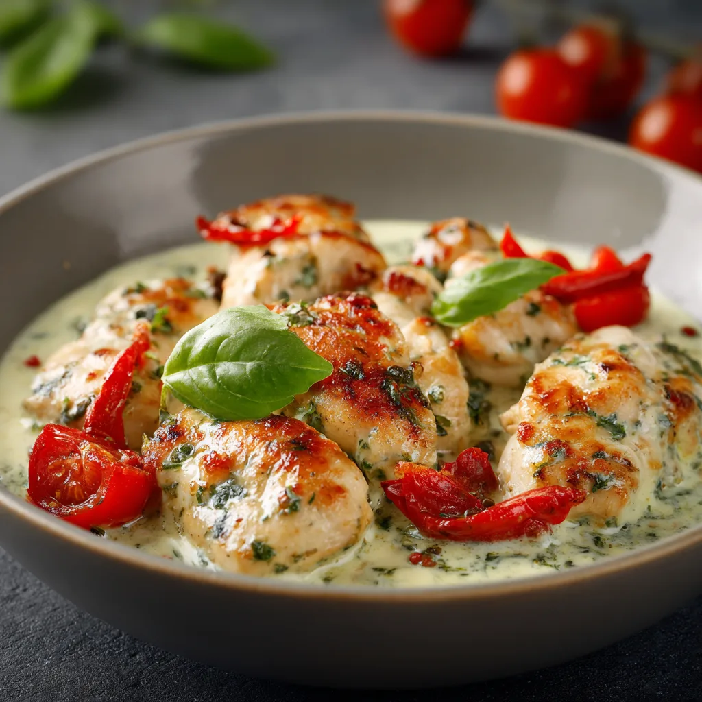 Mozzarella Chicken in Basil Cream Sauce